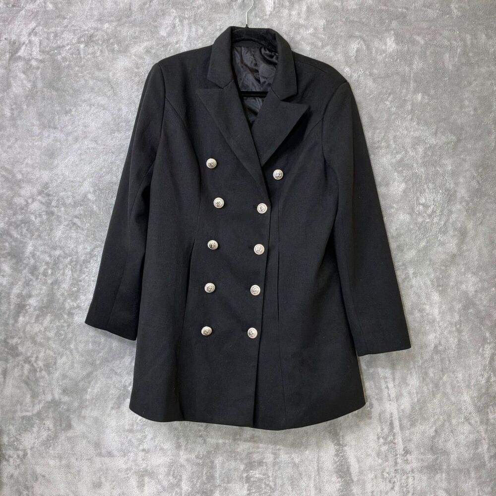 Military style Double Breasted Pea coat Jacket Women L Black silver tone button